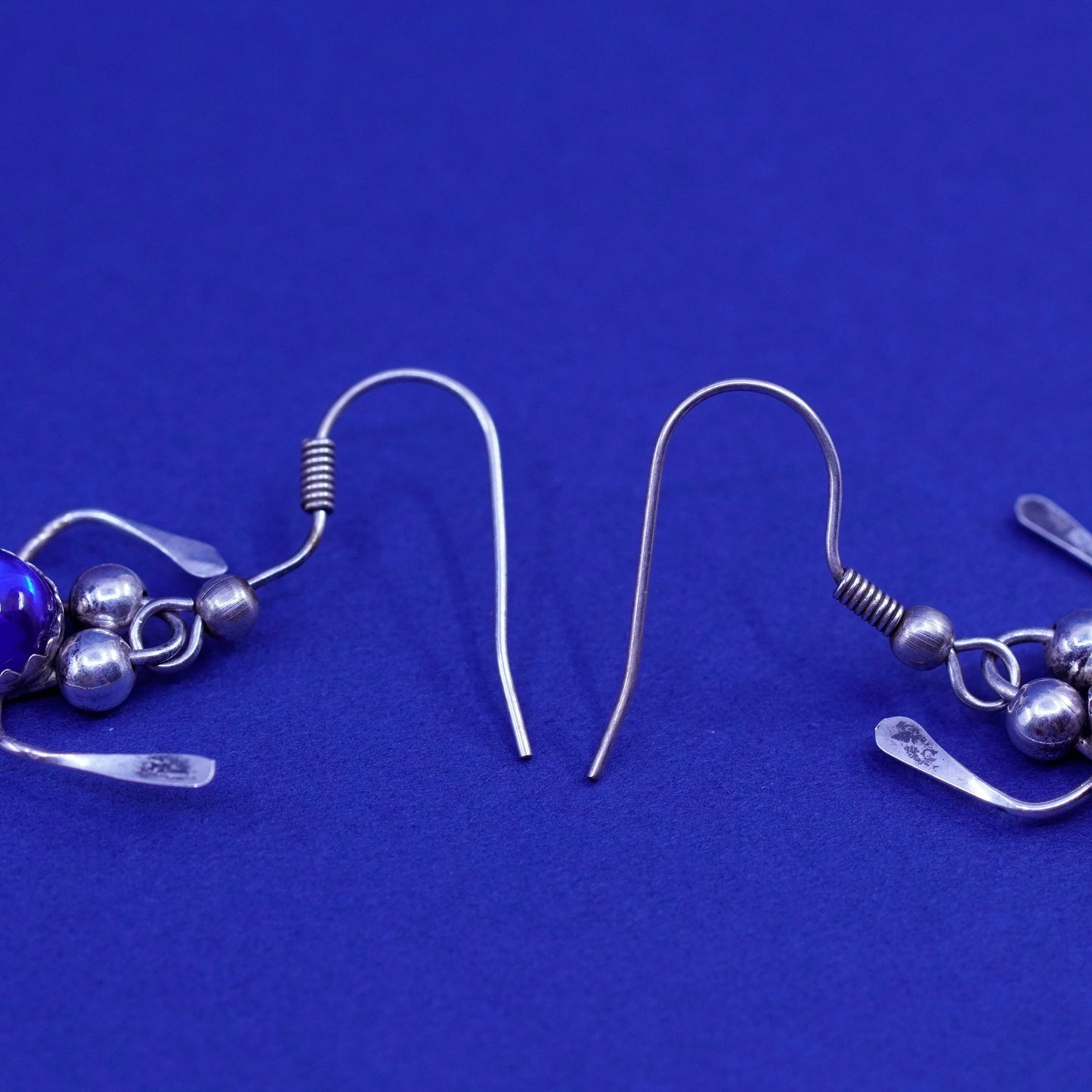 Vintage sterling 925 silver handmade frog earrings with blue glass