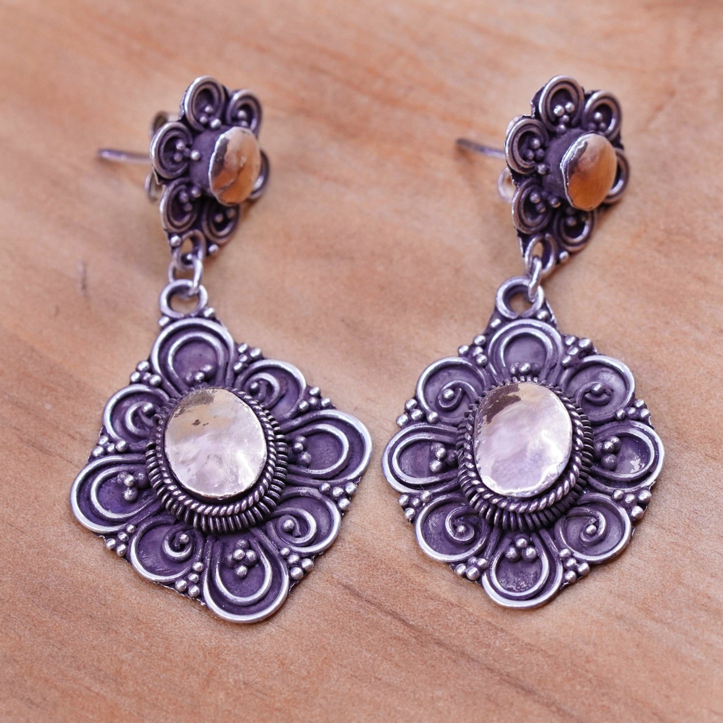 Two tone handmade sterling silver earrings, 925 floral dangle 14K accent beads