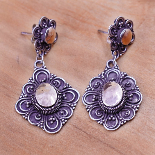 Two tone handmade sterling silver earrings, 925 floral dangle 14K accent beads