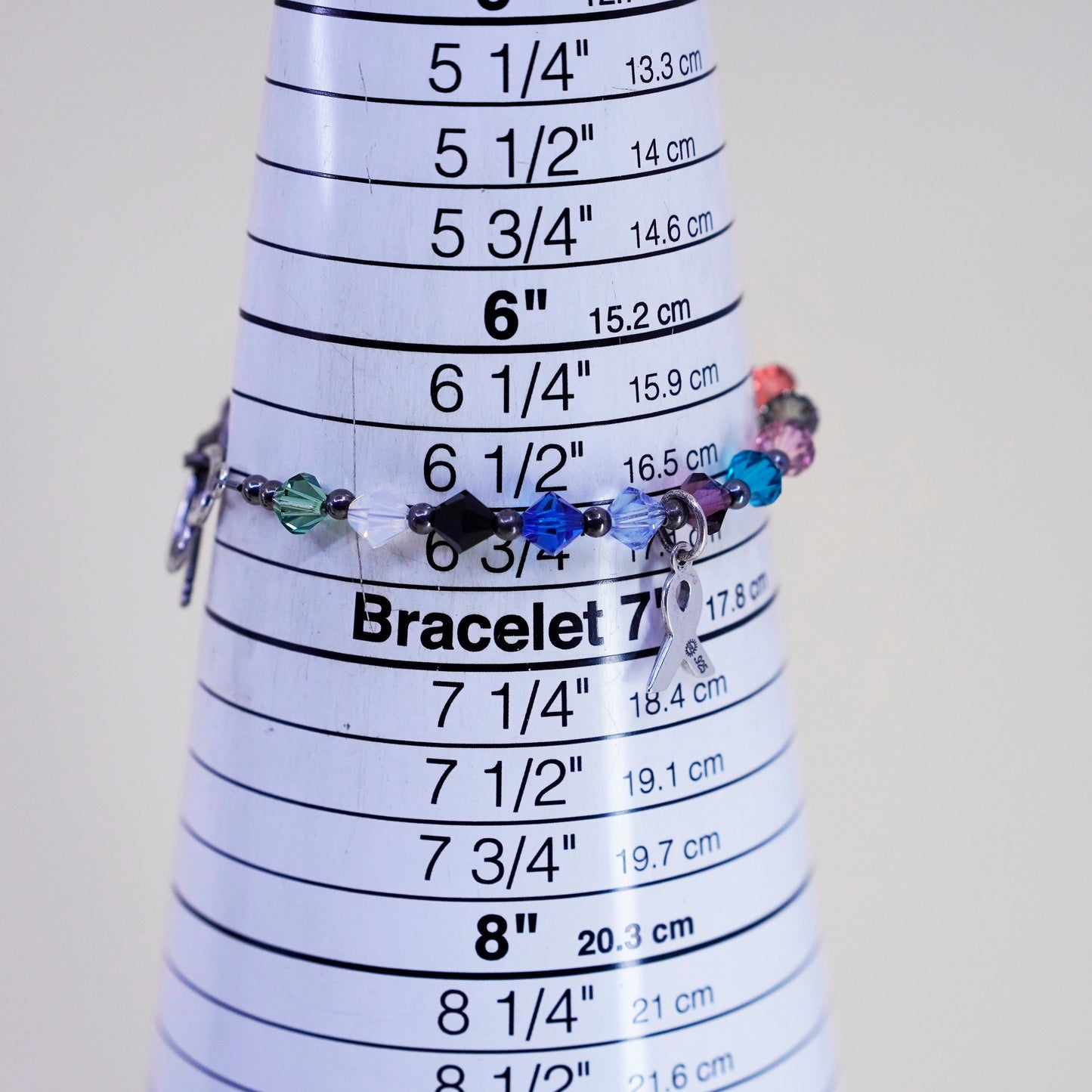 6.5”, Sterling 925 silver bracelet, colorful crystal breast cancer ribbon charm