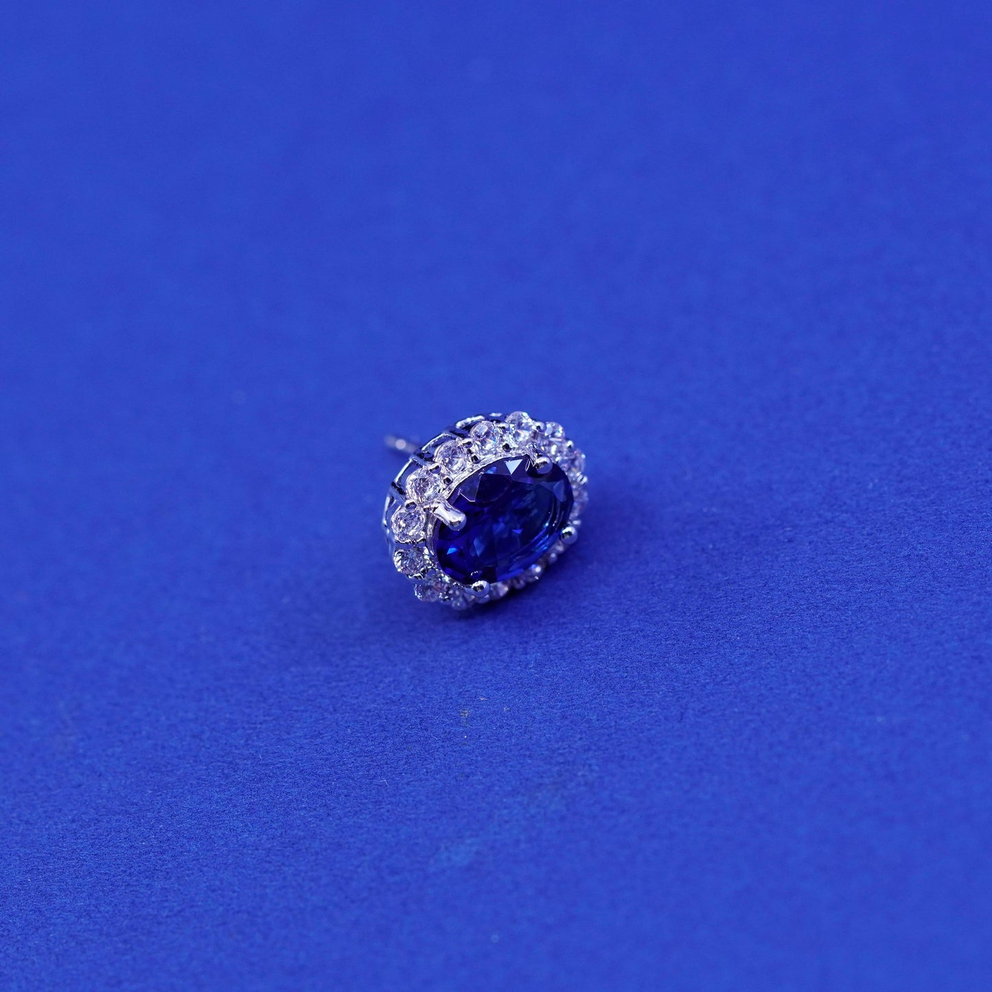 Vintage sterling silver handmade earrings, 925 studs w/ cluster Cz and sapphire
