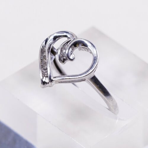 Sz 7.25, Vtg Sterling Fashion Engagement Ring, 925 Heart W/ Diamond, Stamped MAP