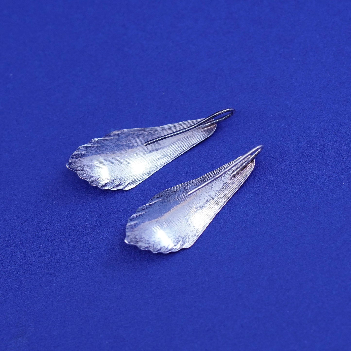 Vintage modern minimalist sterling silver handmade earrings, 925 leaf drops