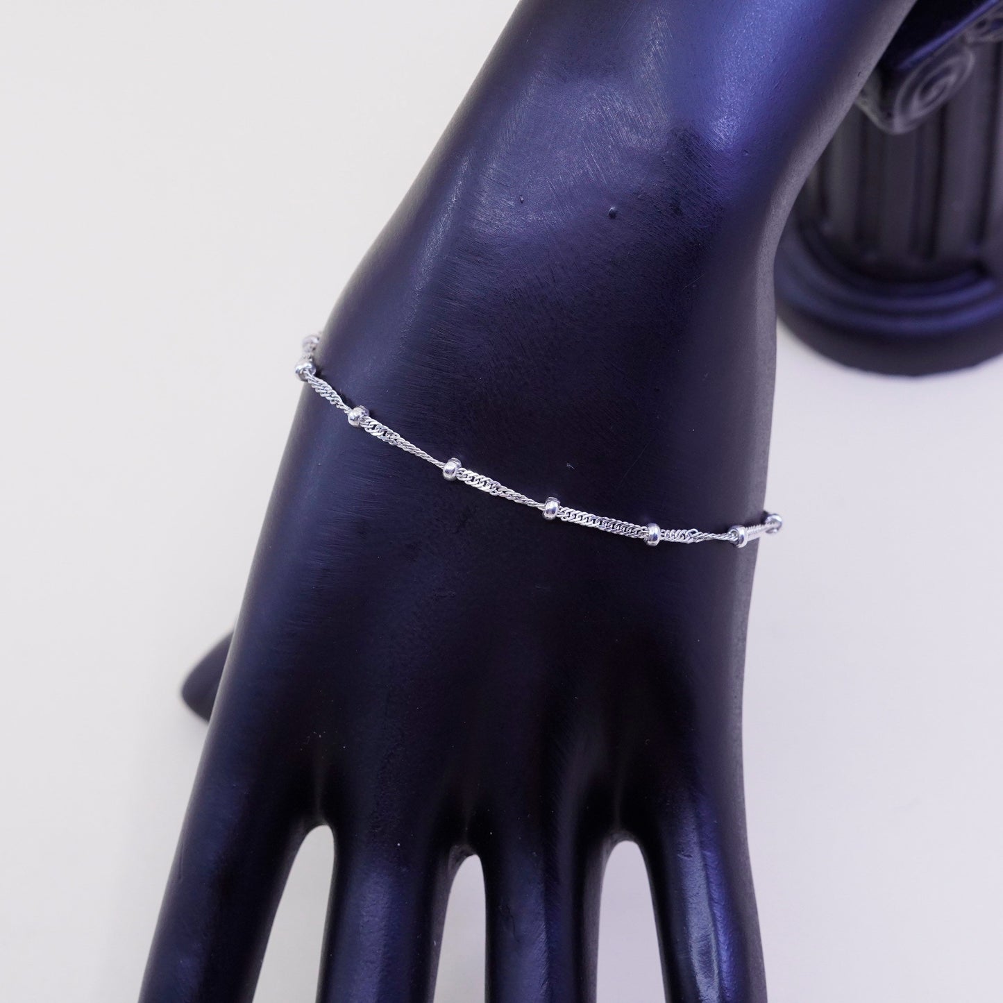 7”, 1mm, Vintage sterling silver bracelet, 925 twisted curb chain with beads
