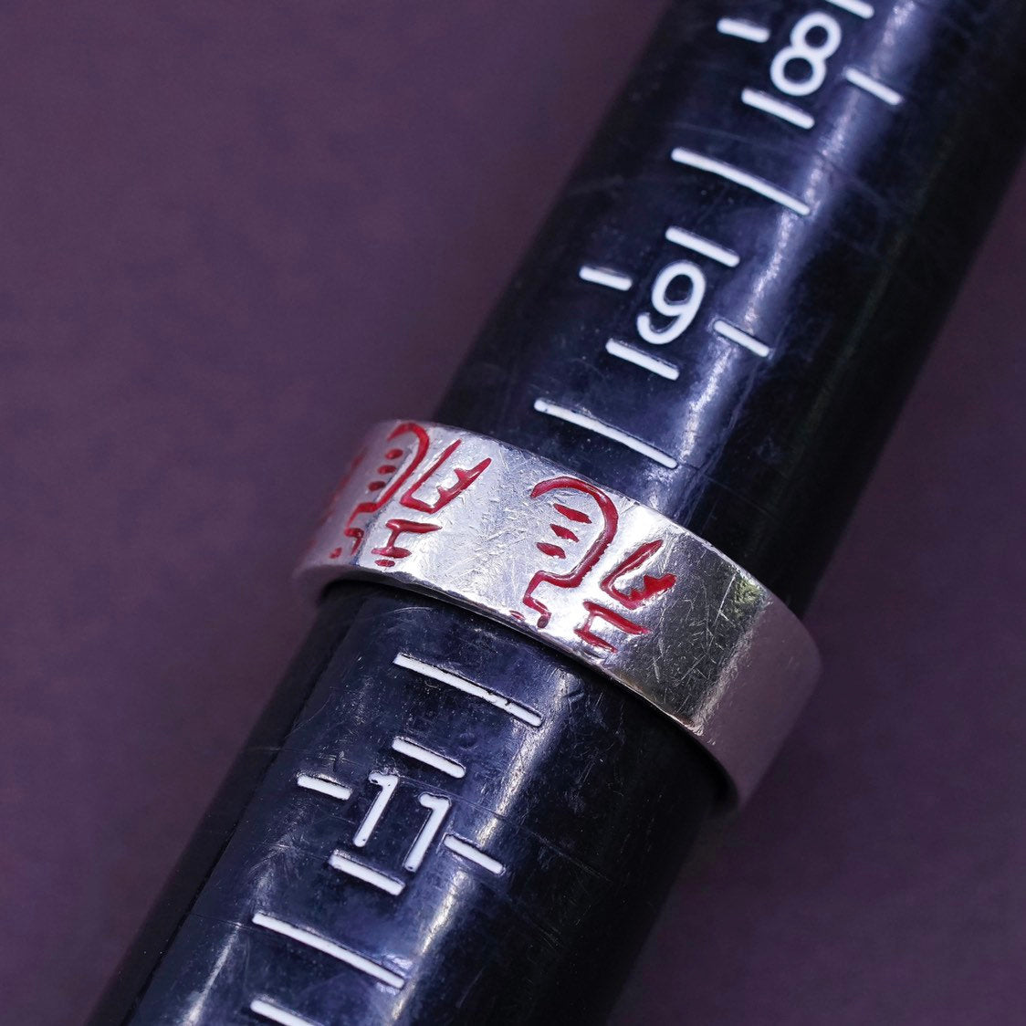 sz 10, vtg Sterling silver ring, 925 wide band w/ Chinese character “dragon”