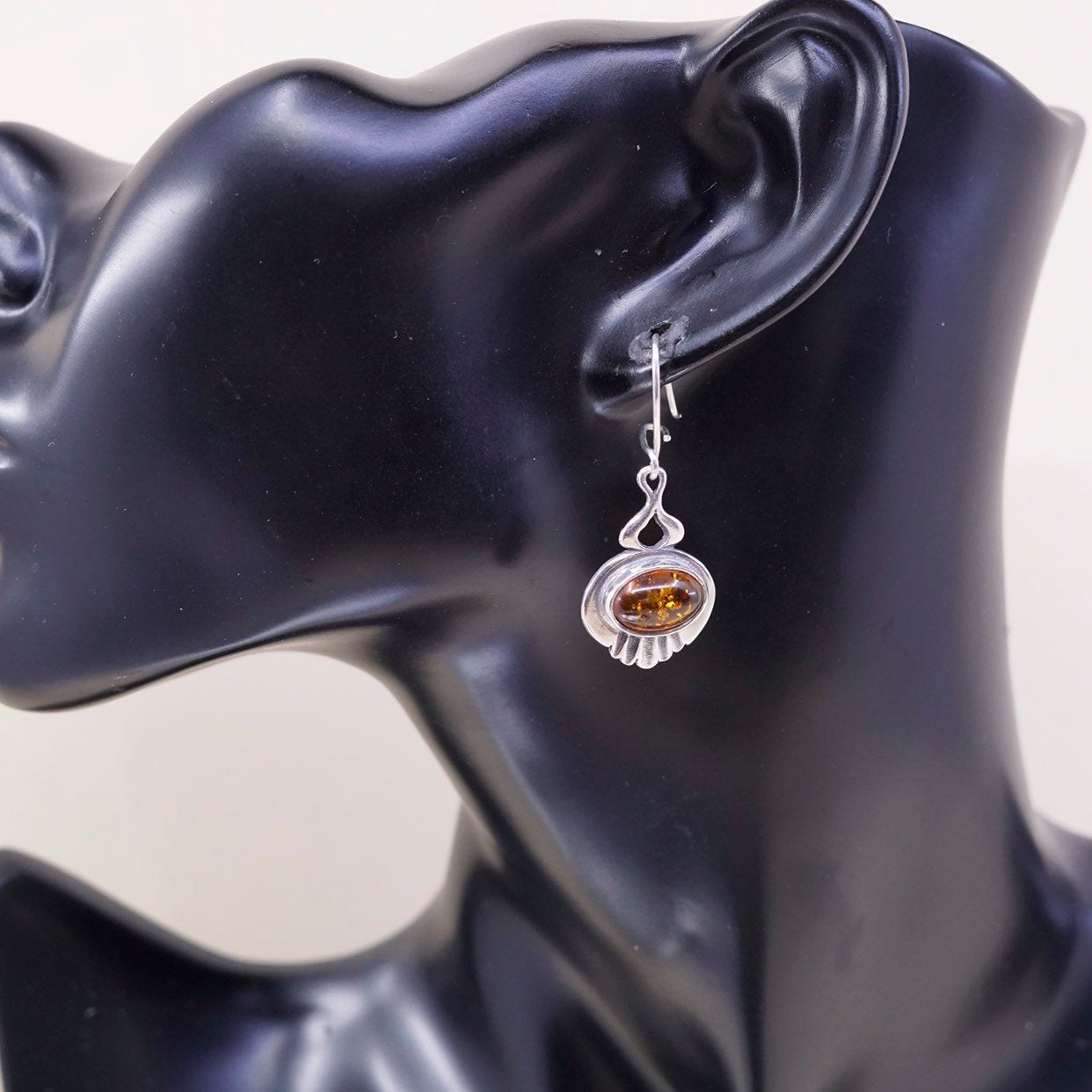 Sterling 925 silver handmade earrings w/ amber inlay, silver tested