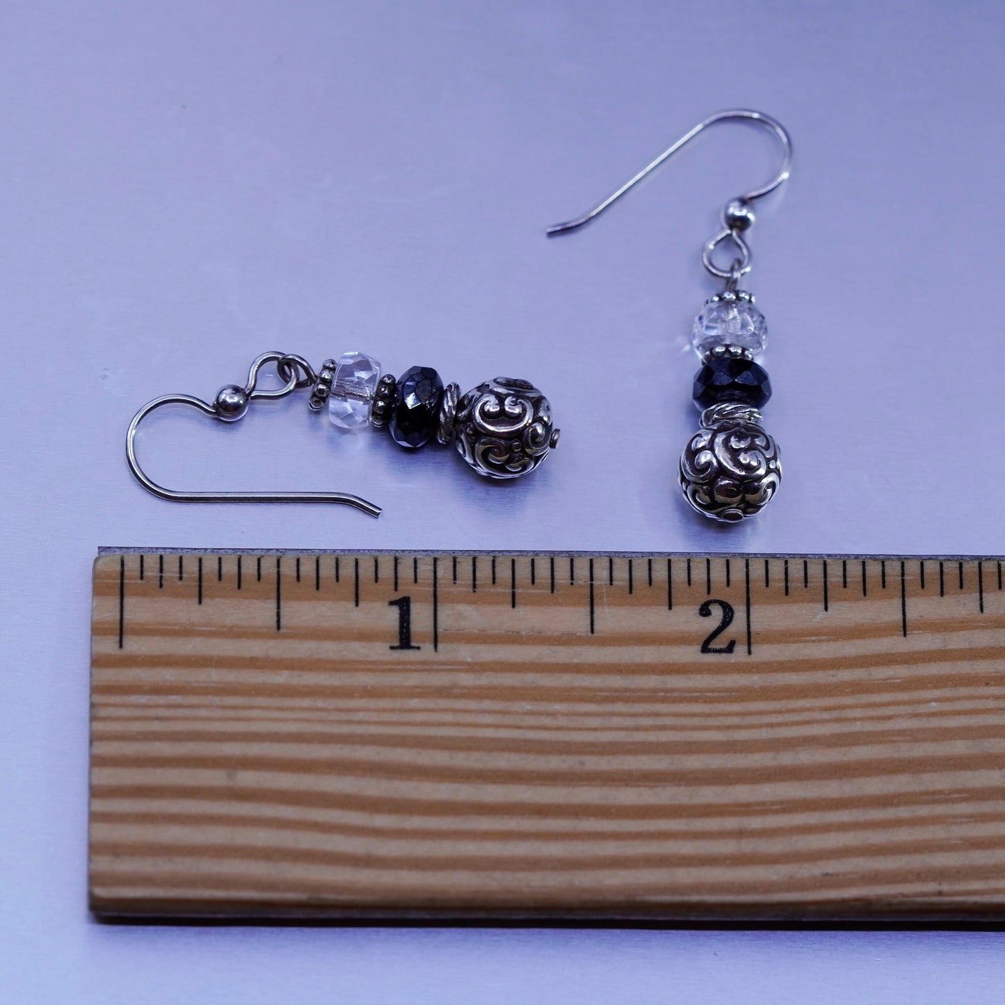 Vintage Sterling 925 silver swirly textured beads earrings with crystal