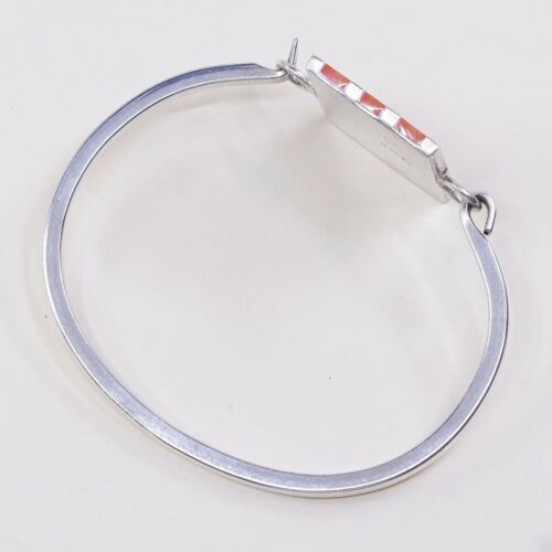 6.75”, Vtg Sterling Silver Handmade Bracelet, Mexico 925 bangle W/ Red Agate