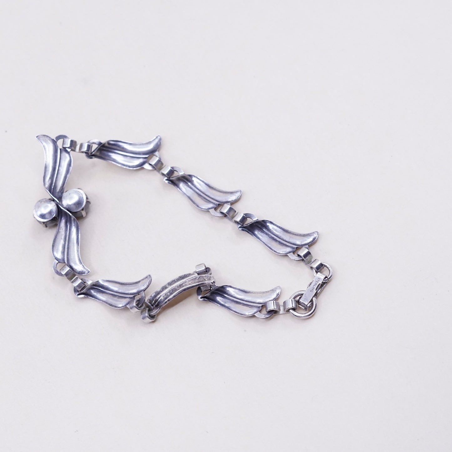 7.5”, antique sterling silver bracelet, 925 wavy chain with hematite beads