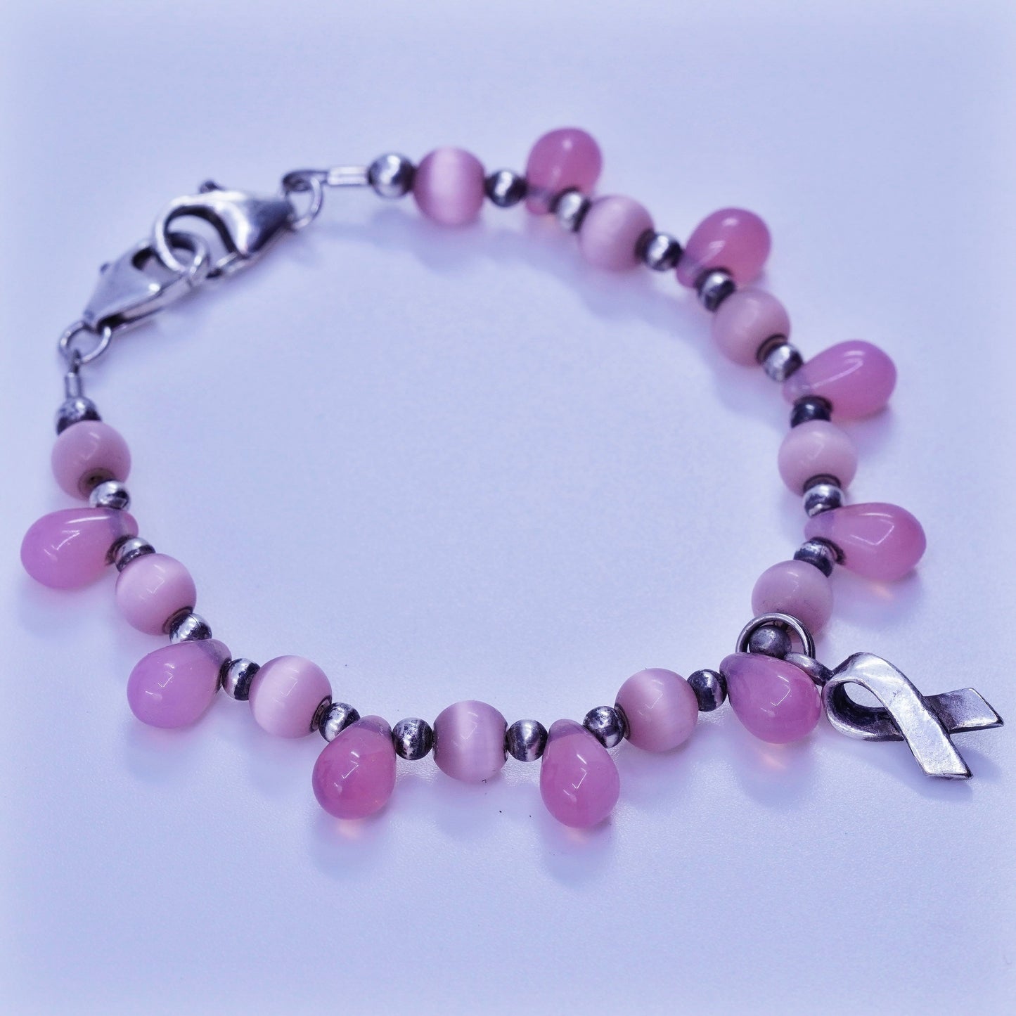 6.5”, Sterling 925 silver bracelet pink cats eye breast cancer ribbon bow tie