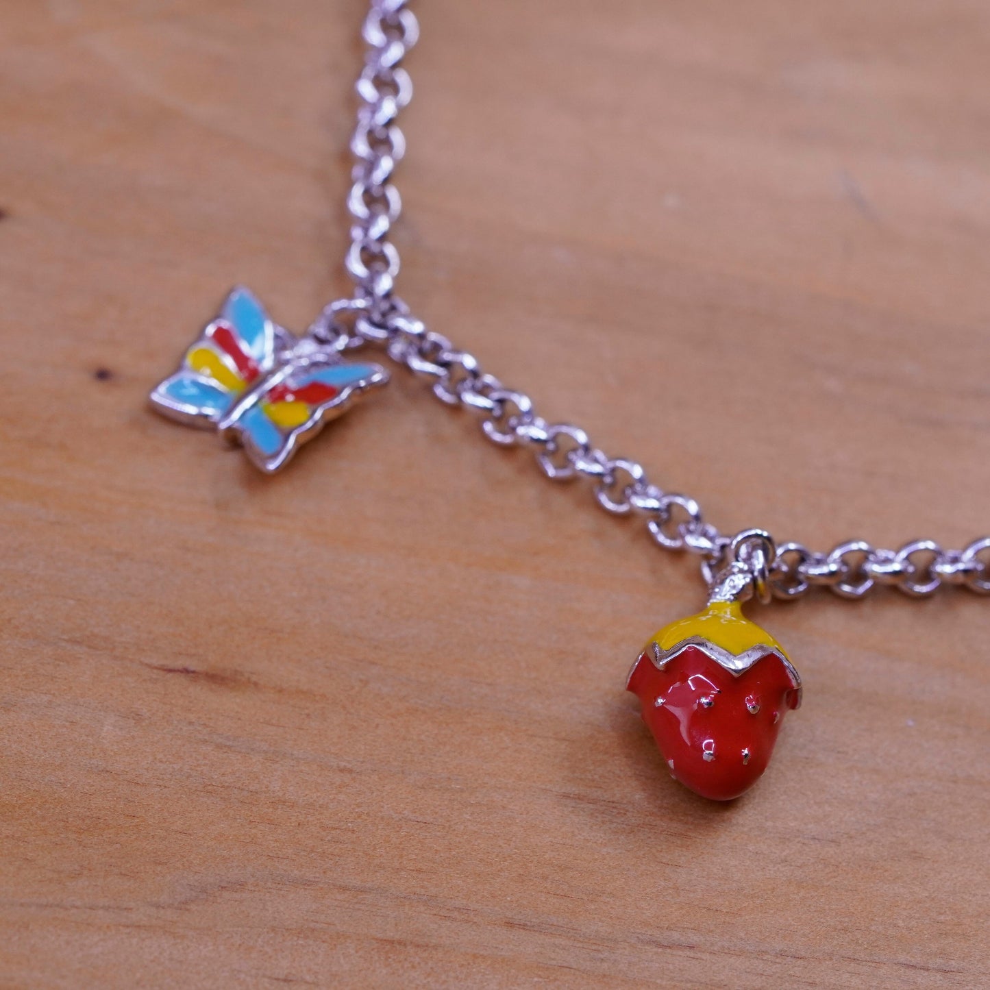 7.25”, Sterling silver bracelet, Italy 925 circle chain enamel frog butterfly