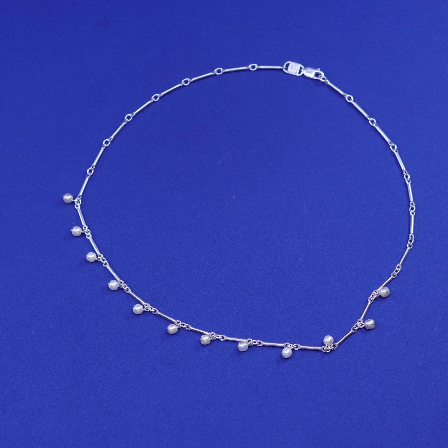 16”, 999 fine silver Sterling handmade necklace, bar chain w/ freshwater pearl