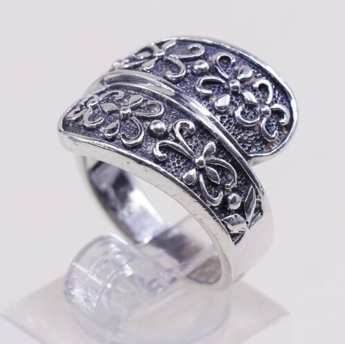 Size 7, Vtg Sterling Silver Handmade Ring, 925 Band W/ Flower Floral Embossed