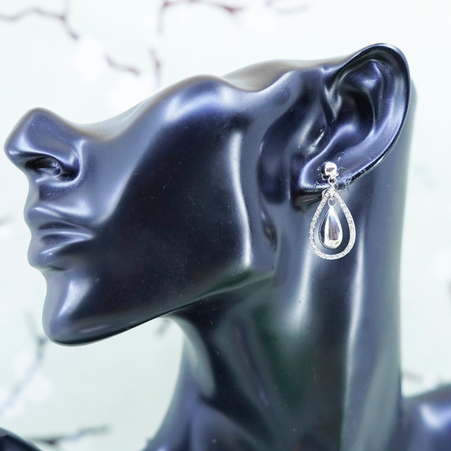 Vintage Sterling silver handmade earrings, 925 teardrop drops with cz around