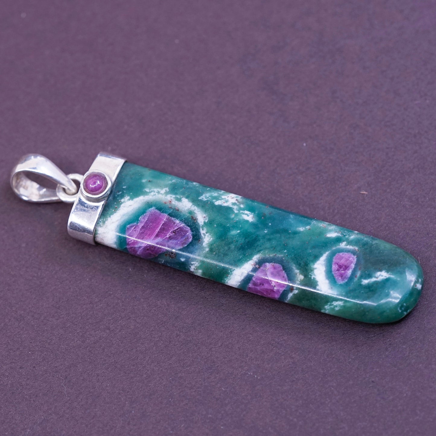 Vintage Sterling 925 silver handmade pendant with long green and purple jade