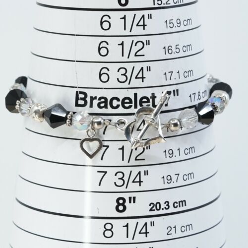 7.25”, Vtg Sterling Silver Handmade Bead Bracelet, 925 Heart Toggle W/ Crystal