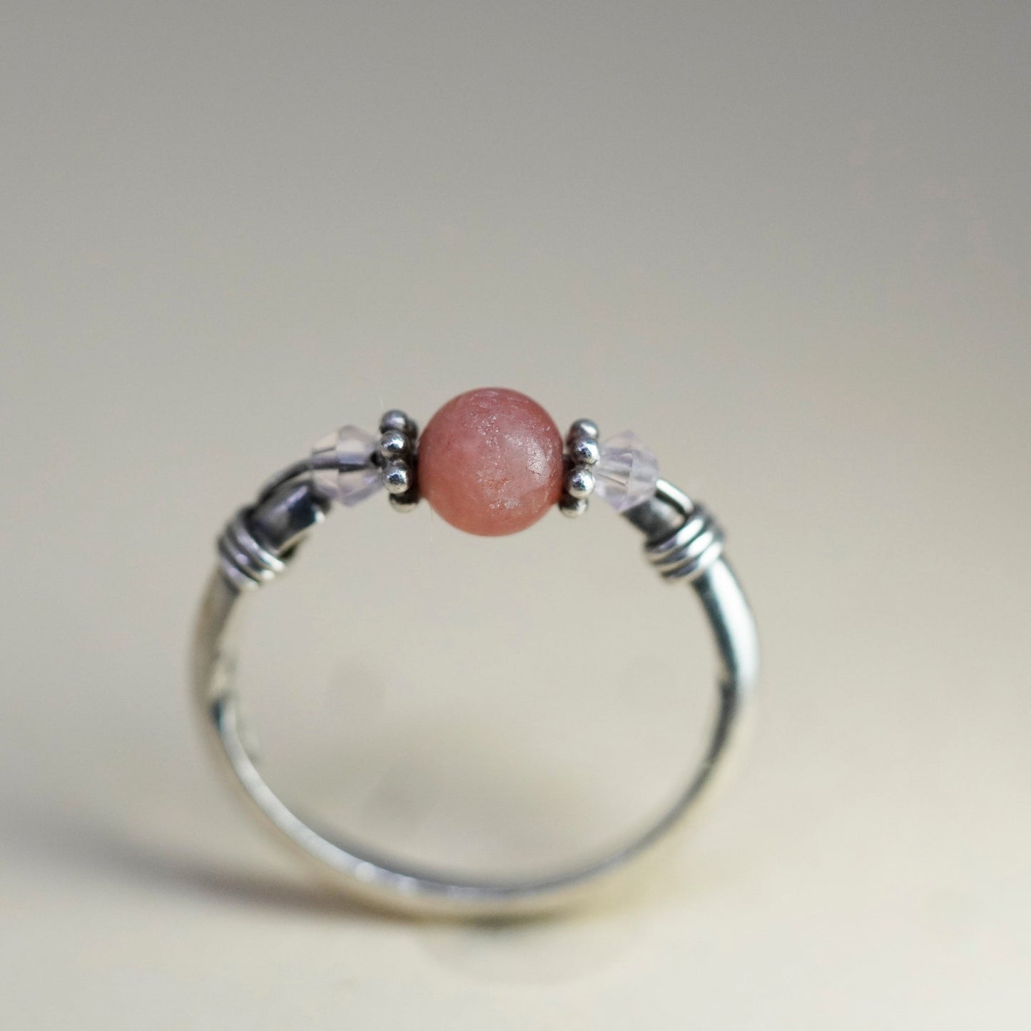 Size 5.75, Vintage sterling silver handmade ring with pink quartz bead