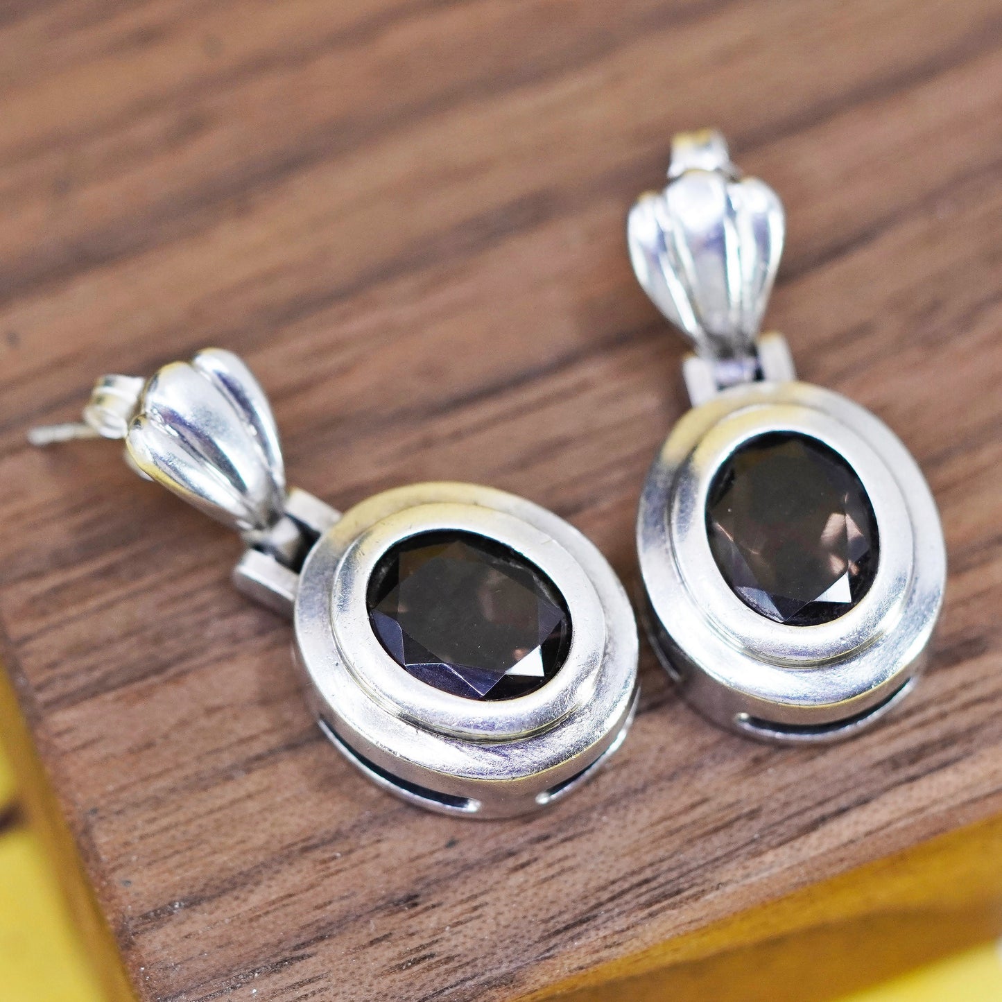 Vintage Sterling 925 silver handmade earrings with oval smoky topaz, dangle