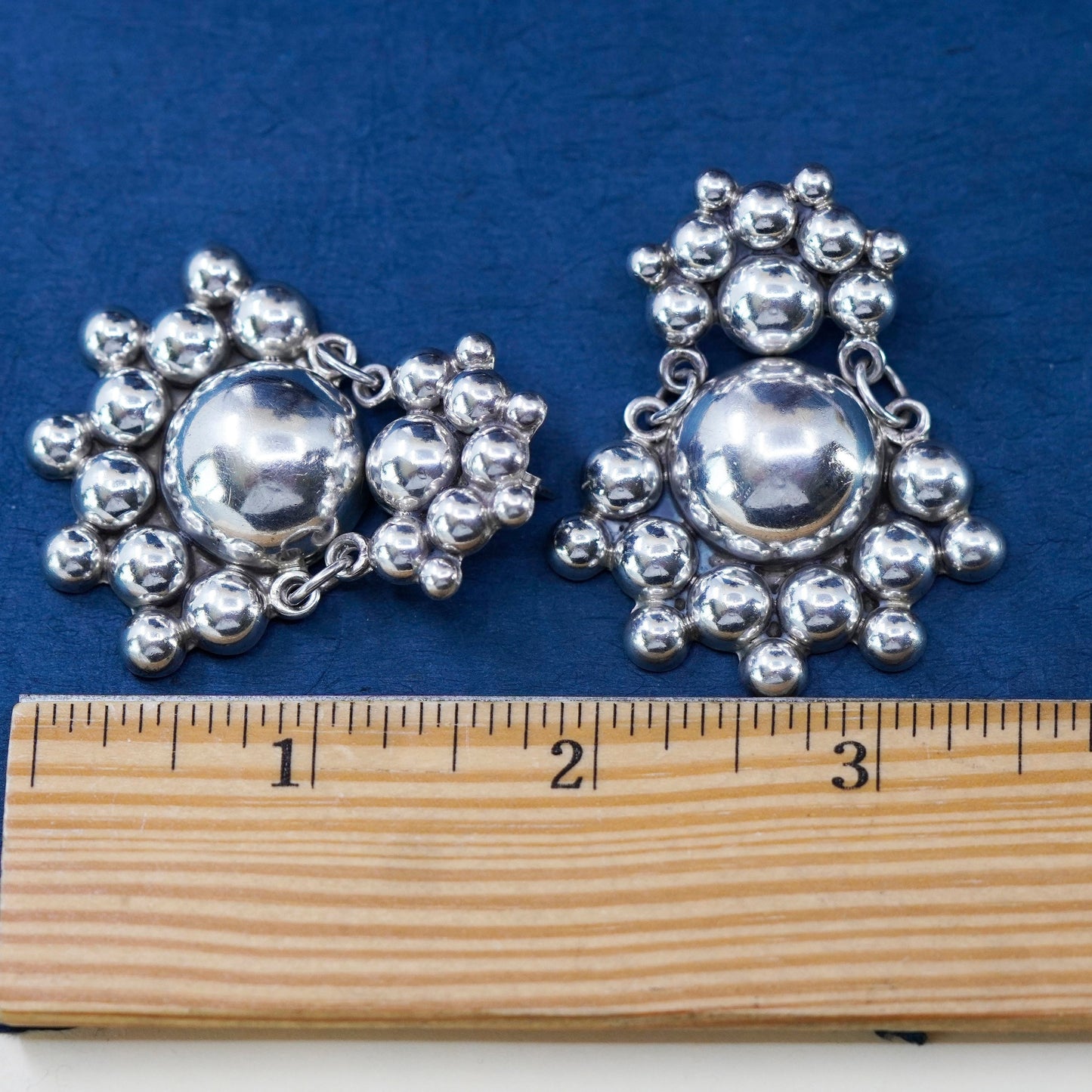 Vintage huge sterling silver handmade earrings, Mexico 925 beaded earrings