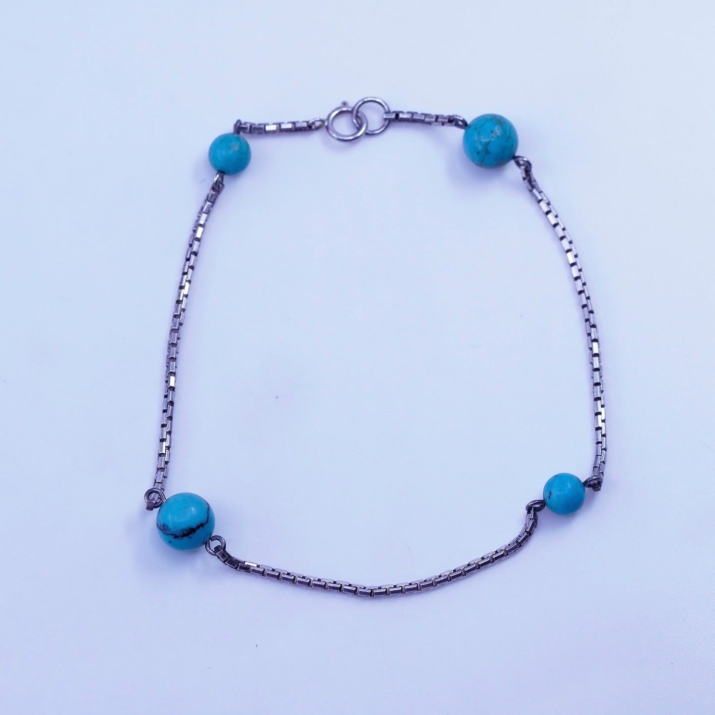 8.5”, Italy Sterling 925 silver handmade bracelet, box chain turquoise beads