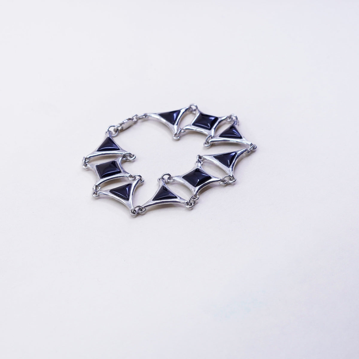 6.75”, Vintage geometrical Sterling 925 silver bracelet with onyx