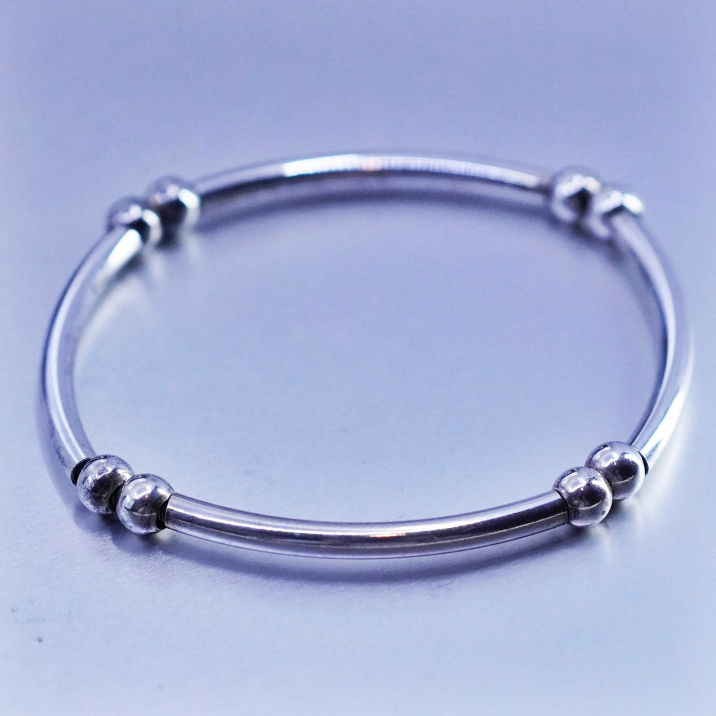 6.25”, vintage Sterling 925 silver handmade bracelet, bar bead elastic bangle