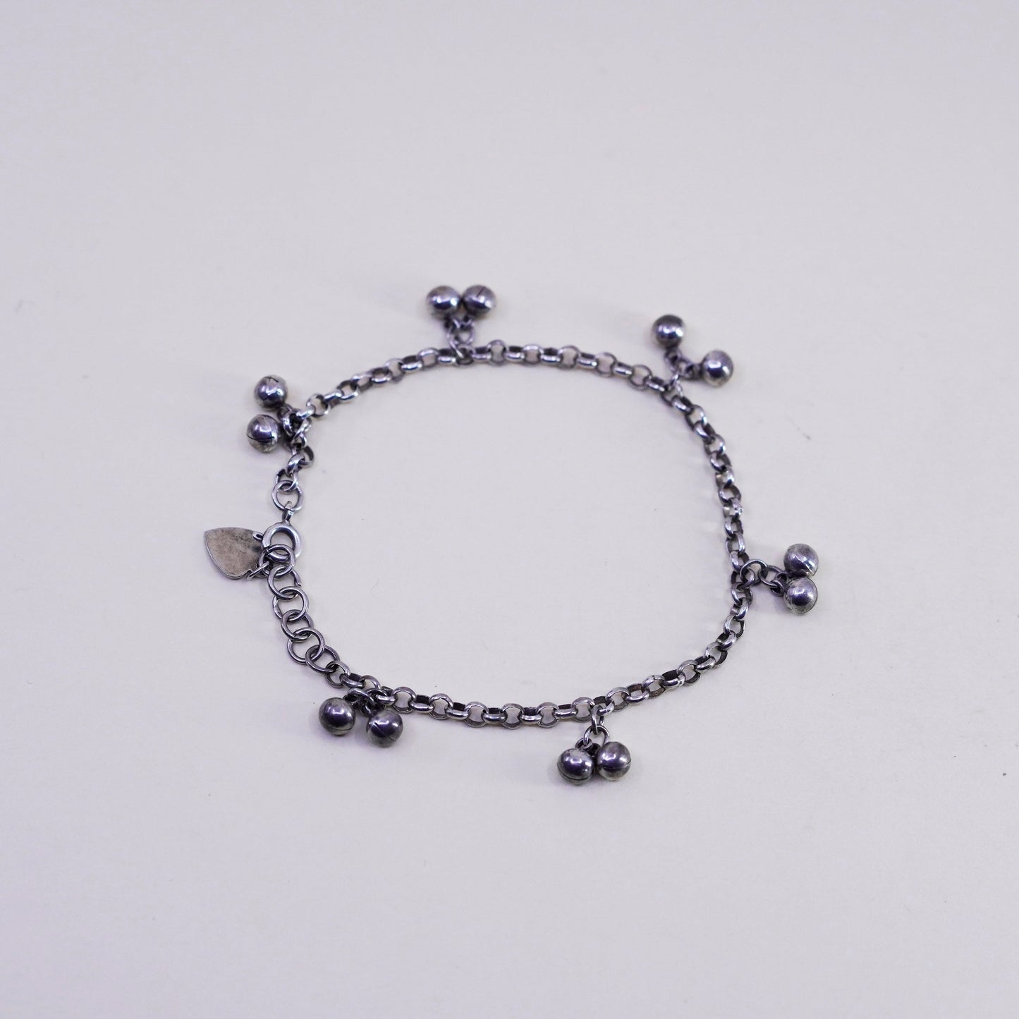 7.75”, Sterling Silver Bracelet, 925 belly dancer chain with chime bell charms