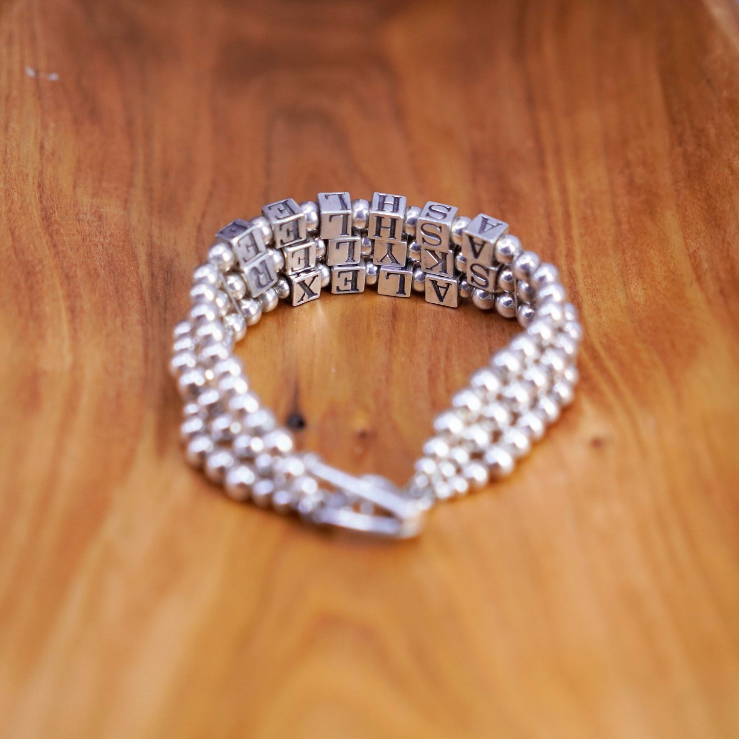 6.75”, Sterling 925 silver bracelet amethyst beads “Ashlee Skyler Alex” cubes