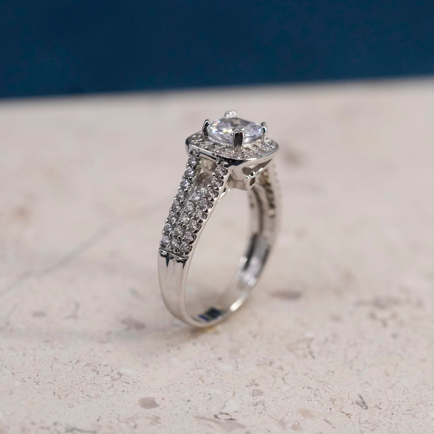 Size 7.5, vintage Sterling 925 silver engagement anniversary ring w/ cluster Cz