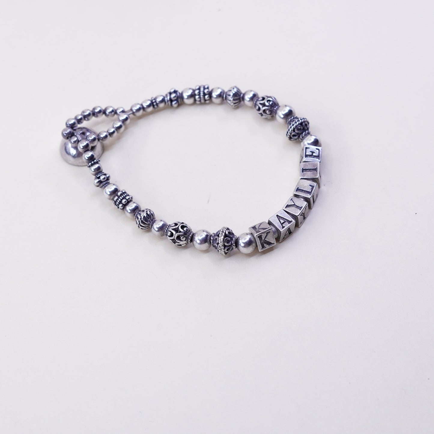 6.75”, Sterling 925 Silver filigree beads bracelet with name “Kaylie” cubes