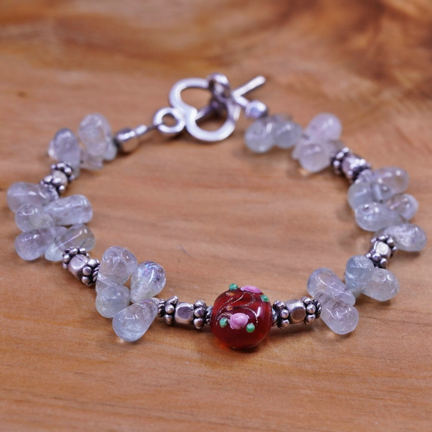 6.75”, Sterling 925 silver handmade bracelet w/ red glass bead teardrop quartz