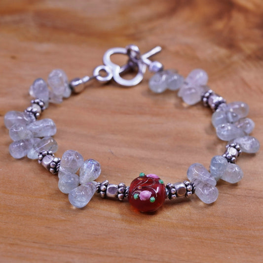 6.75”, Sterling 925 silver handmade bracelet w/ red glass bead teardrop quartz
