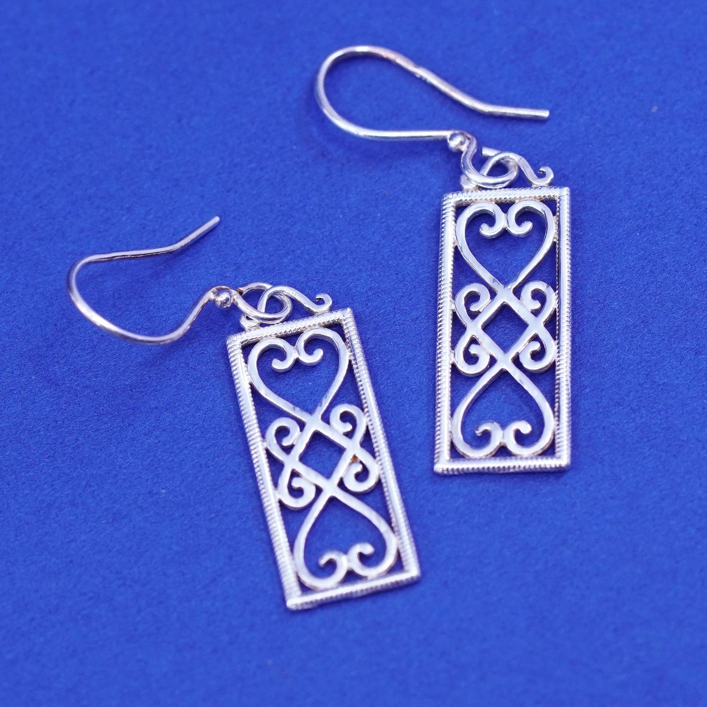 Vintage Sterling silver handmade earrings, 925 l filigree heart drops