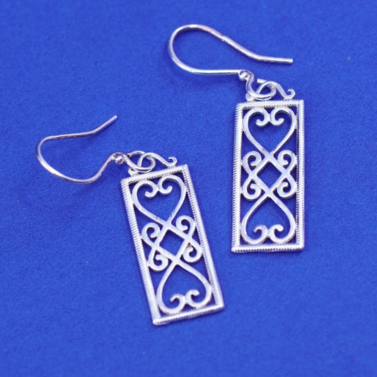 Vintage Sterling silver handmade earrings, 925 l filigree heart drops