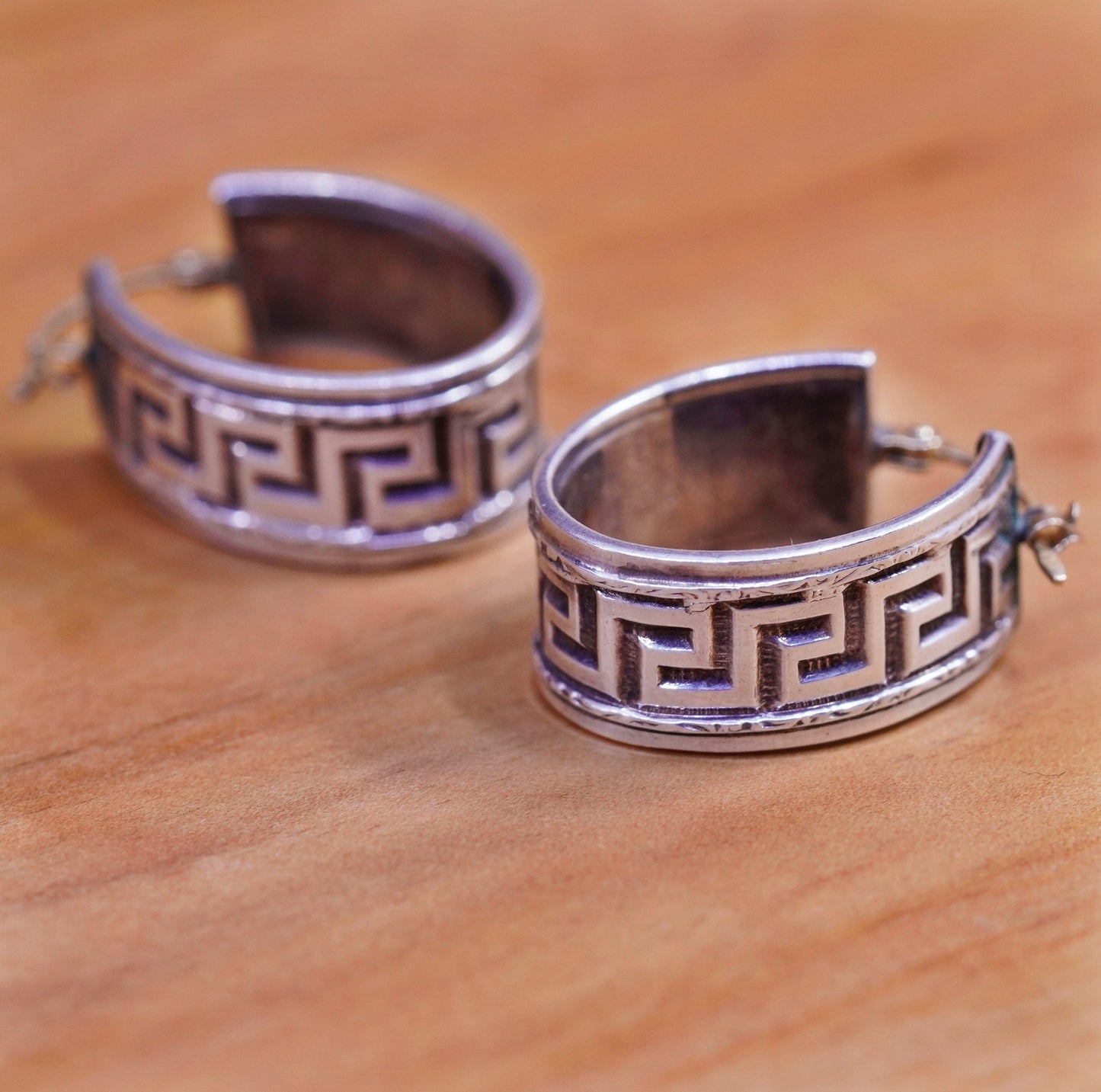 0.75”, Sterling silver handmade earrings 925 Greek key textured hoops 14K posts