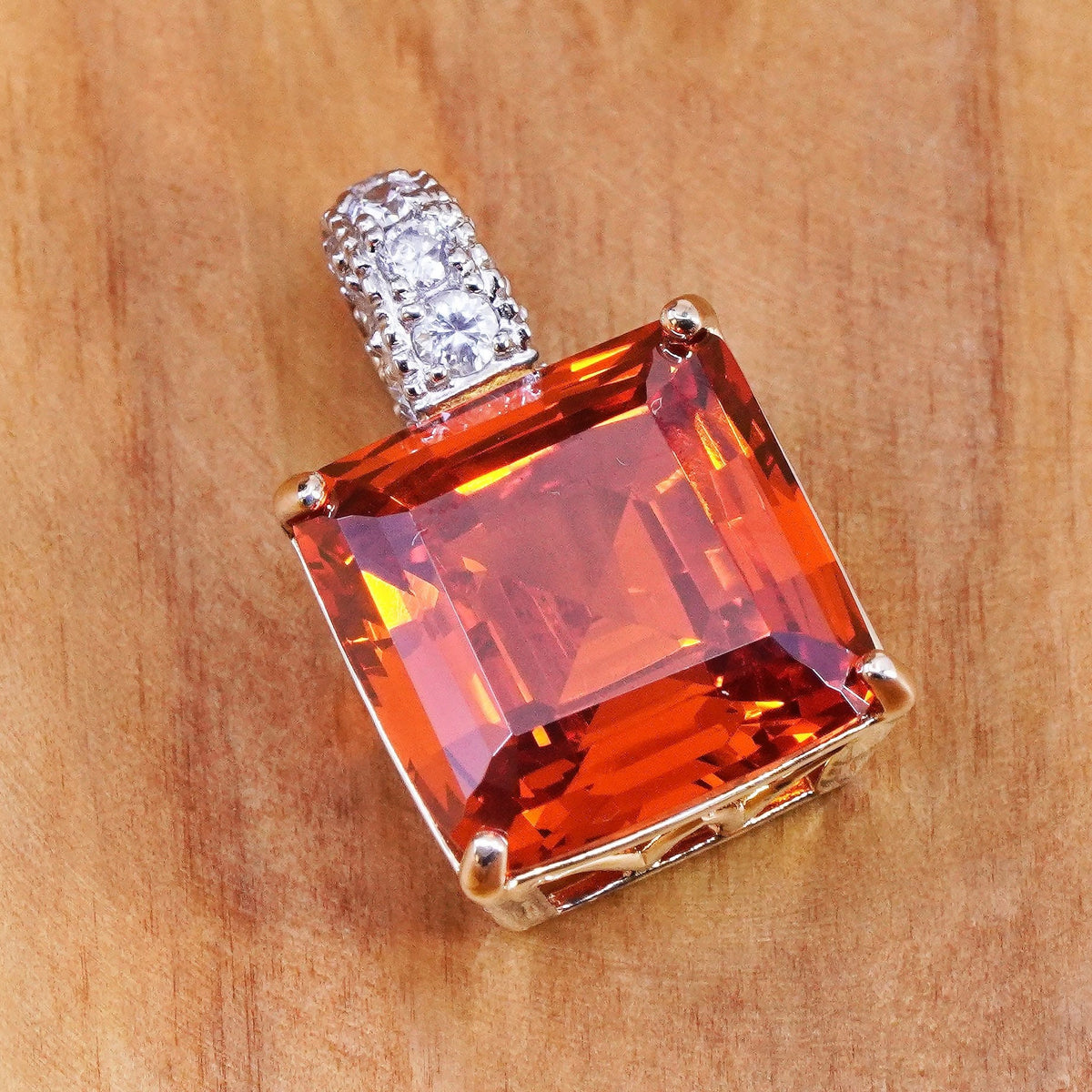 Vintage vermeil gold over Sterling 925 silver handmade pendant square quartz