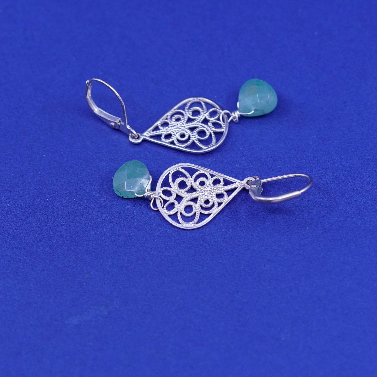 Vintage sterling 925 silver handmade filigree earrings with teardrop jade