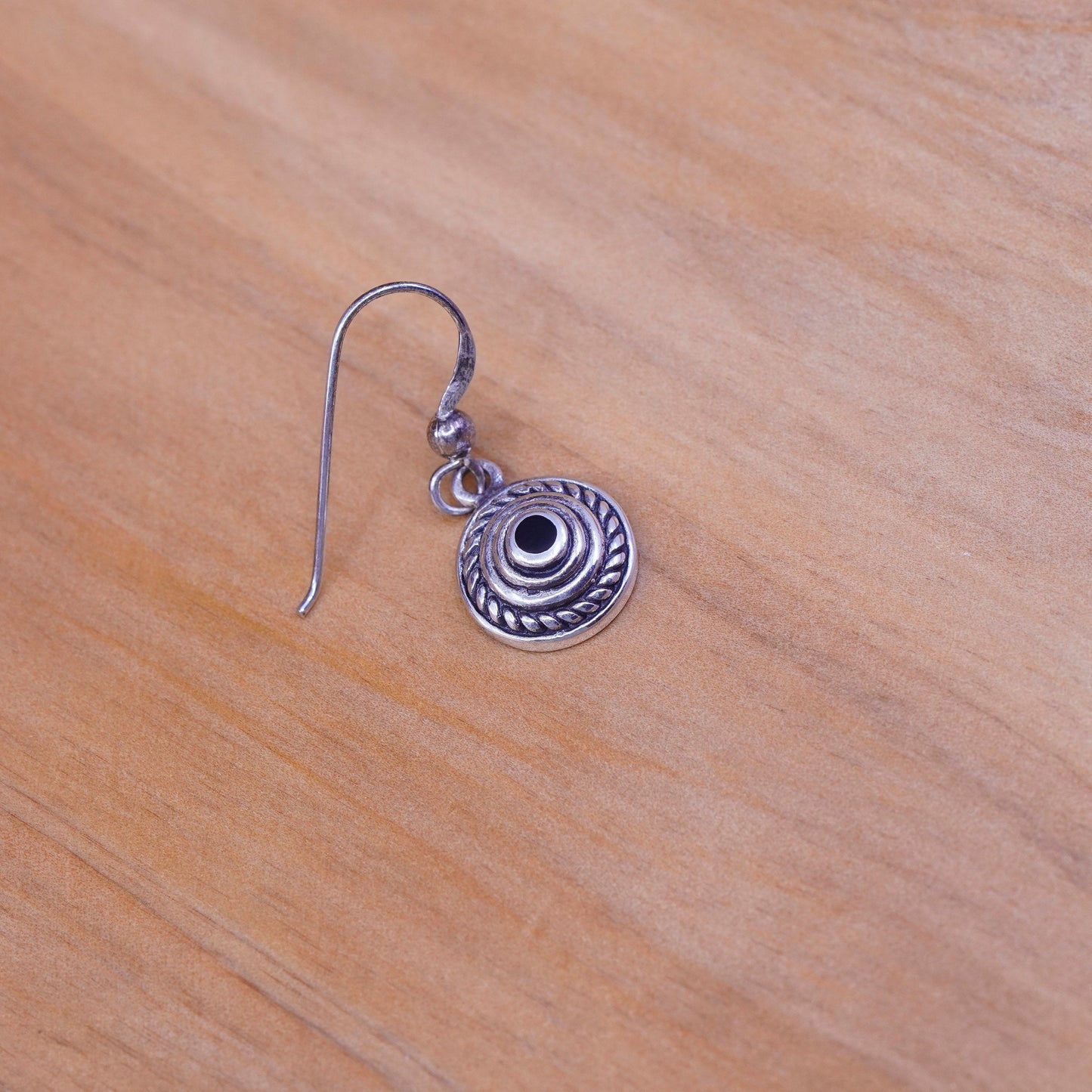Vintage Sterling silver handmade earrings, Mexico 925 circle with obsidian