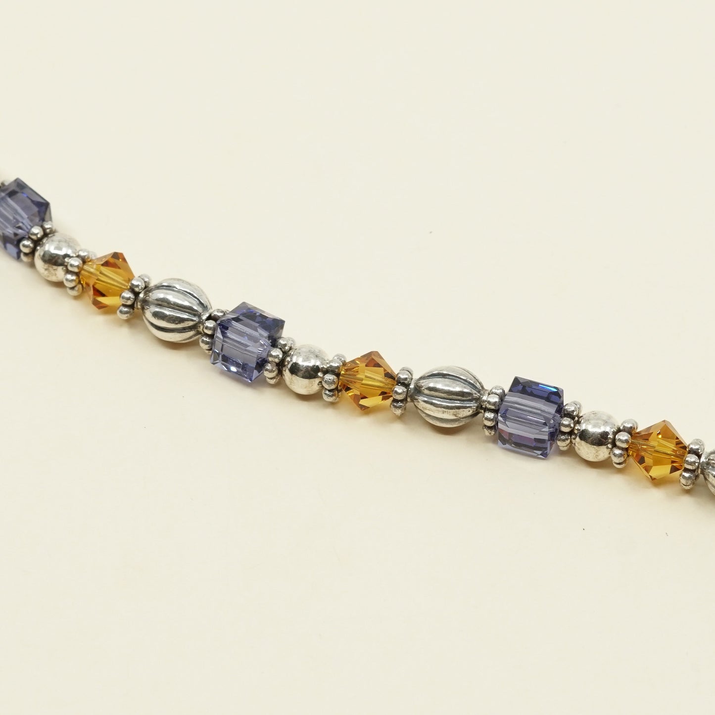 7", VTG Sterling 925 silver handmade bracelet w/ purple, yellow Swarovski beads