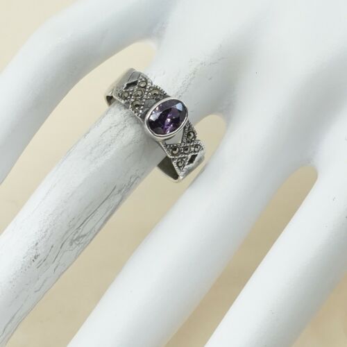 Sz 8, Sterling Silver handmade Ring, 925 Silver W/ amethyst n marcasite