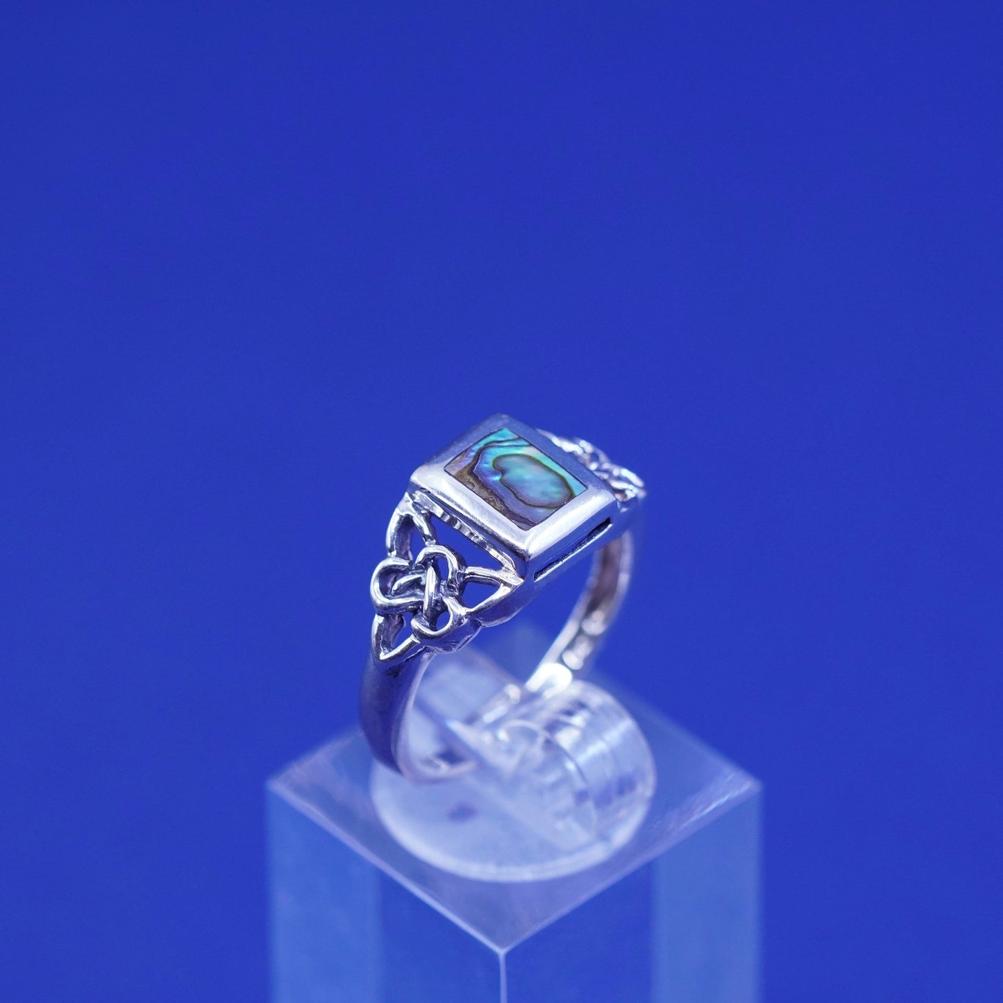 Size 6.75, vintage sterling 925 silver handmade filigree ring with abalone