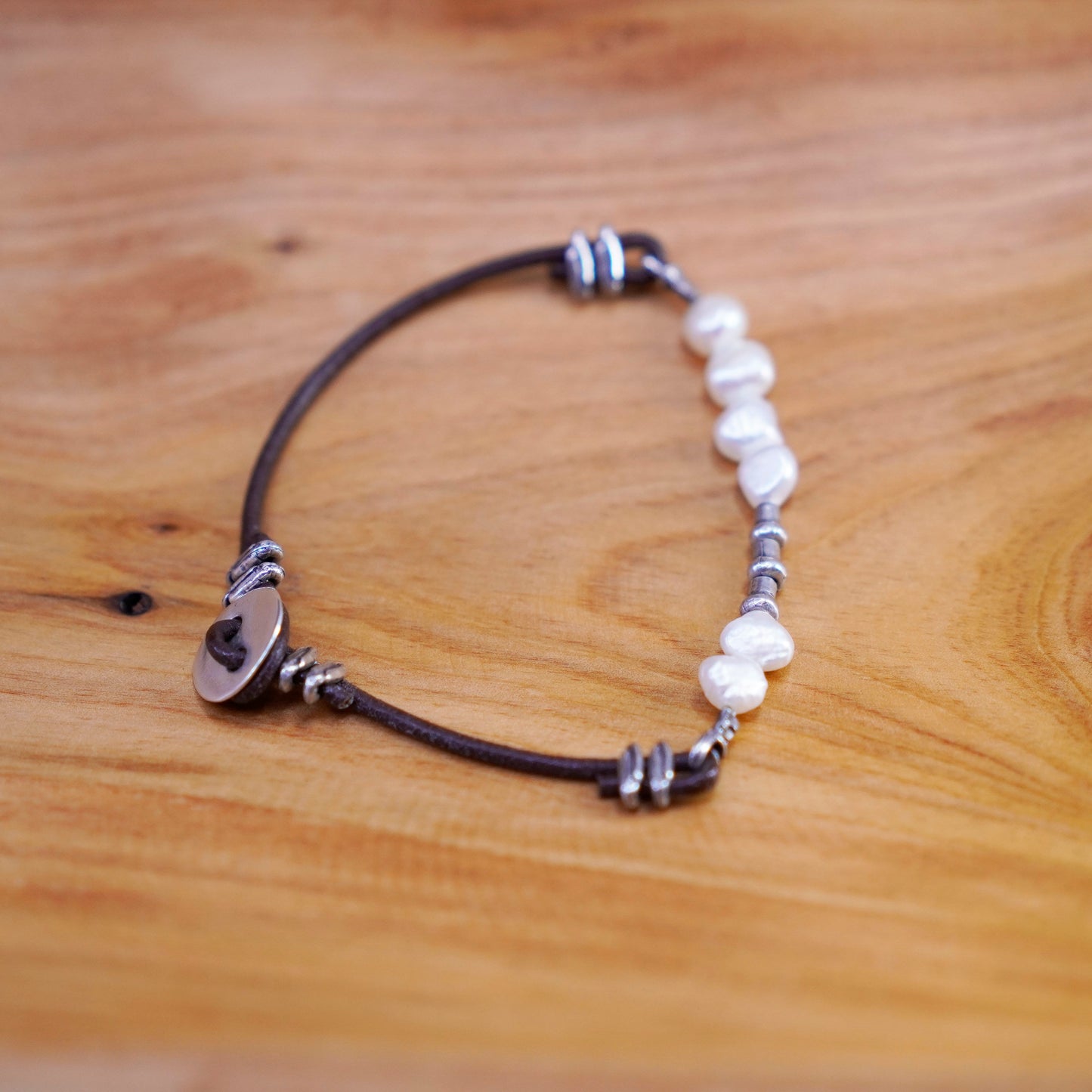 7.25”, retired Silpada Sterling 925 silver Pearl Leather Clasp Bracelet B1062