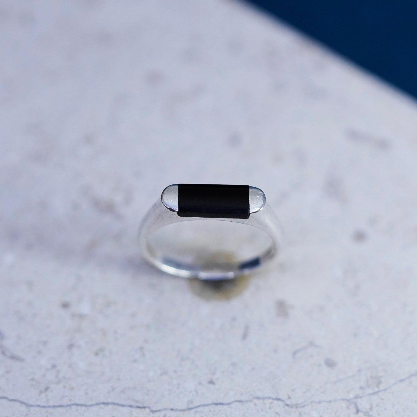 Size 8, vintage Sterling silver handmade ring, 925 stackable band with obsidian