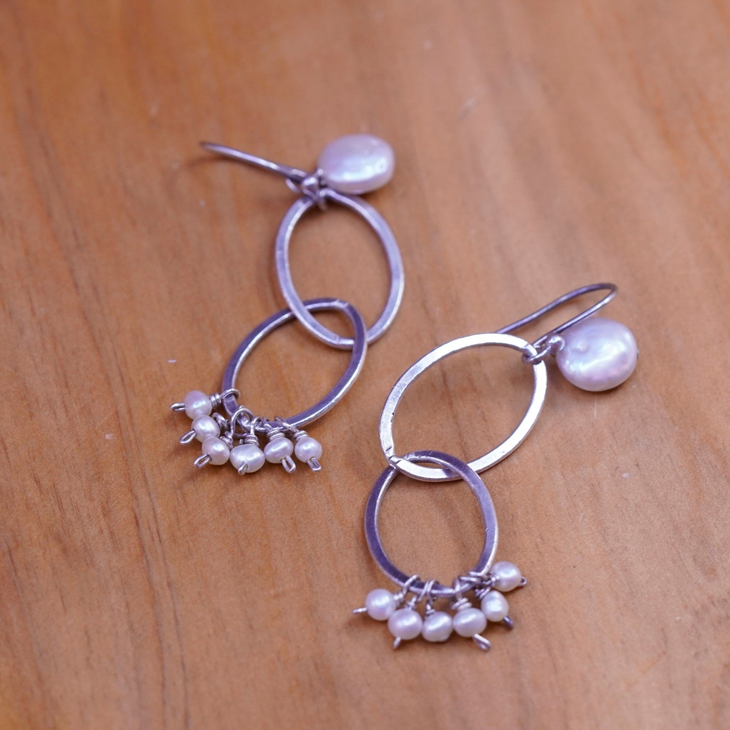 Vintage Sterling 925 silver handmade oval earrings with cluster pearl