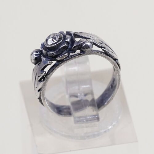 Size 2.25, Vintage Sterling 925 Silver Open Ring W/ Cz And Leaf Details