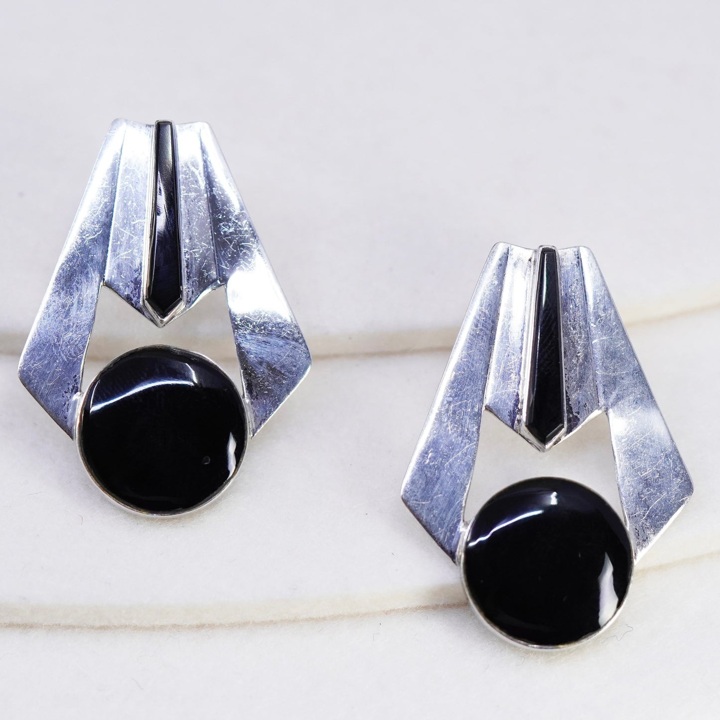 Vintage Mexico Sterling 925 silver handmade earrings, modern obsidian studs