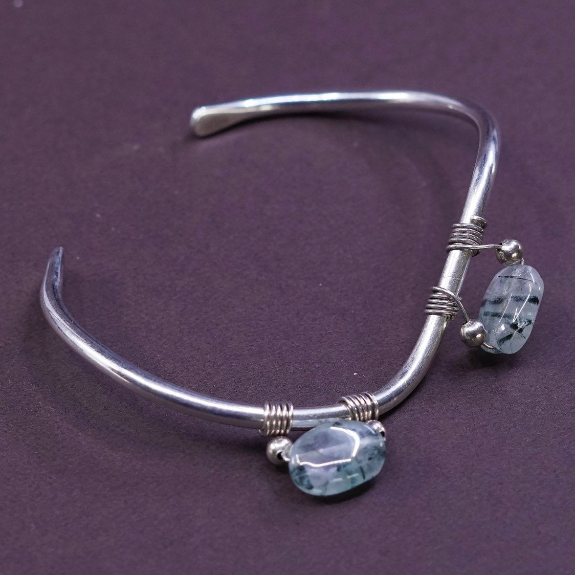 5.75", vtg Sterling silver hammered bracelet, 925 wide cuff w/ Jade