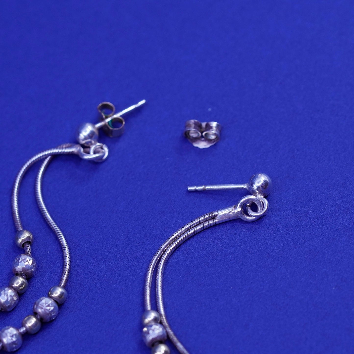 Vintage Sterling 925 silver handmade fringe earrings, snake chain with beads