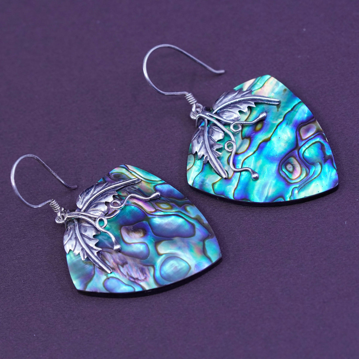 Sterling silver handmade earrings, 925 grapevine leaves with abalone dangles