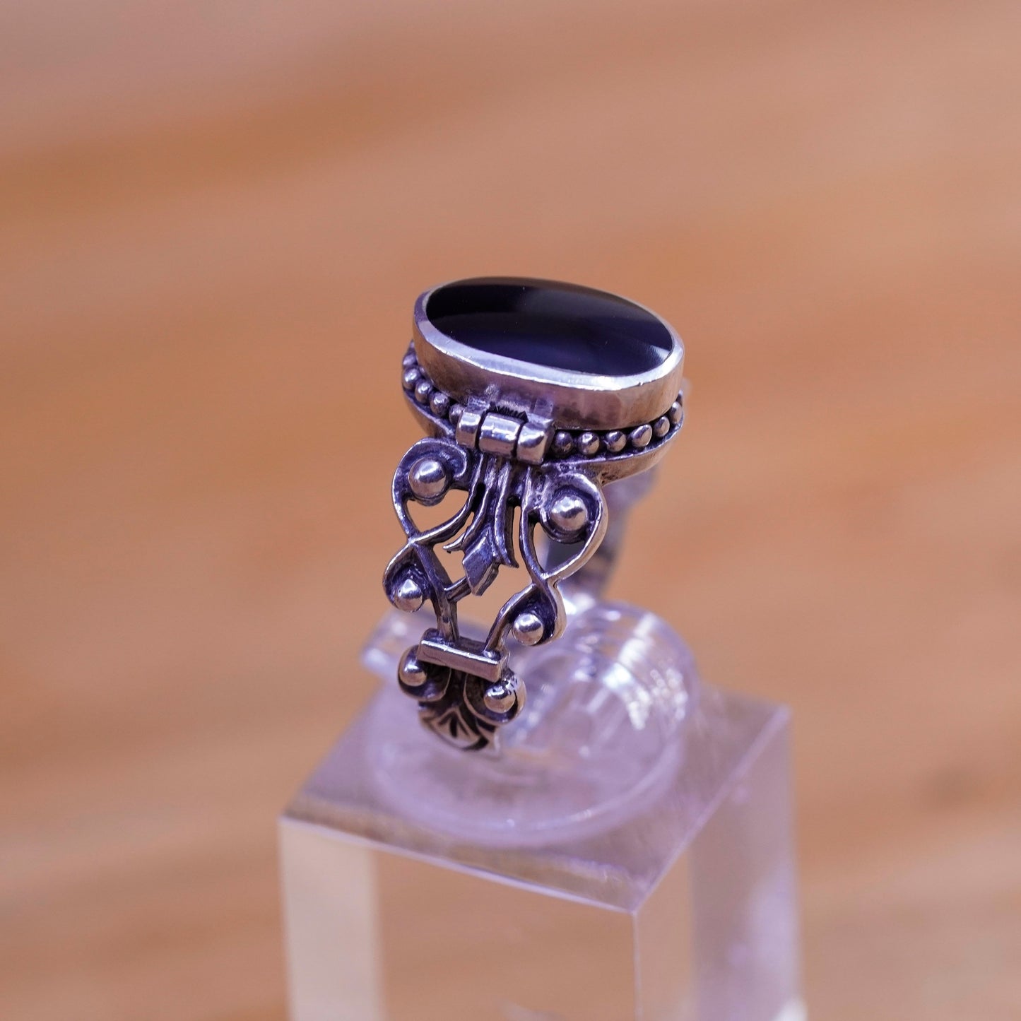 Size 8.25, Sterling 925 silver filigree prayer locket ring oval obsidian beads